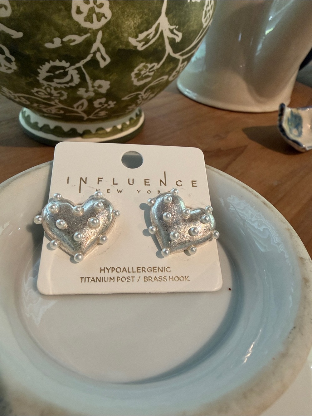 Influence New York Silver Heart Stud Earrings with Pearl Stud Accents